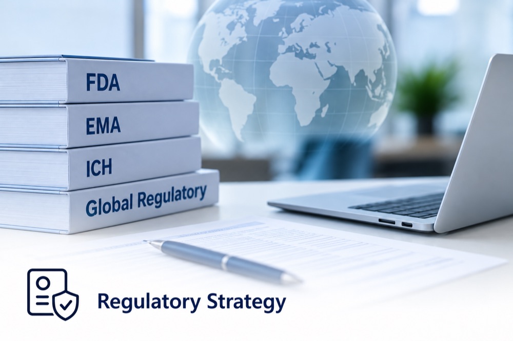 Regulatory guideline binders for FDA, EMA and ICH beside a globe and laptop
